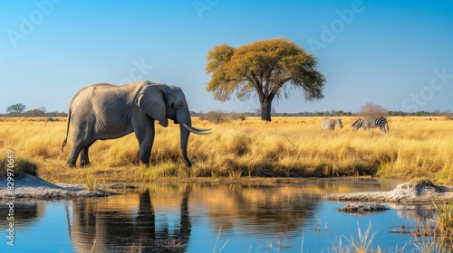 Majestic African Elephant at a Waterhole with Zebras in the Serengeti under a Clear Blue Sky, Perfect for Wildlife Posters and Prints © gn8