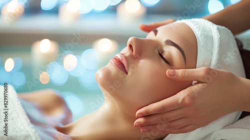 Relaxed woman receiving a rejuvenating beauty massage in a serene beauty salon setting. Ideal for promoting wellness  spa services  and self-care routines  capturing the essence of relaxation