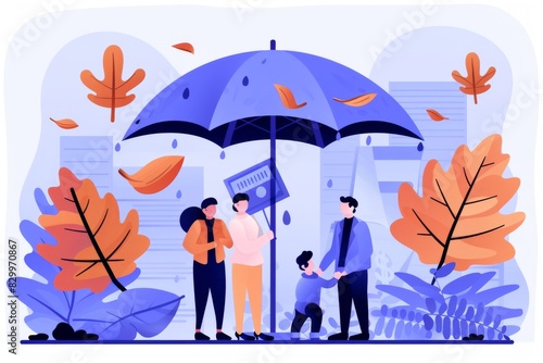 Family under an umbrella with leaves  symbolizing secure protection and safety in a modern vector illustration.