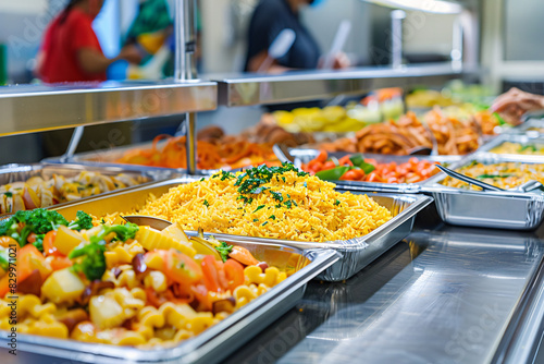 assortment food in modern school canteen on trays