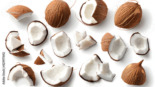Pieces of fresh coconut isolated on white, top view isolated on white background, isometry, png
 photo