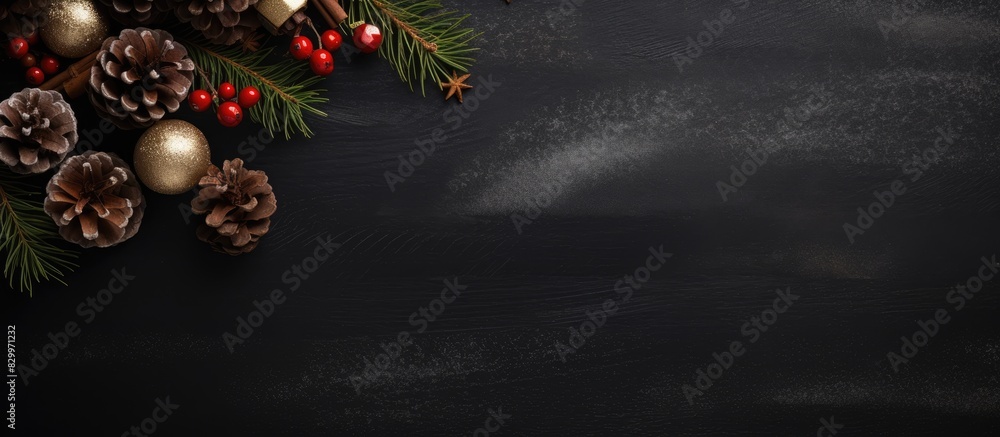 A festive holiday backdrop with a Christmas tree branch resting on a dark background adorned with cones and tree ornaments Captured from an aerial perspective leaving room for additional content