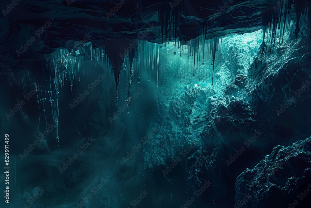 Mysterious Subterranean Cave with Glowing Stalactites and Stalagmites in Vivid Colors