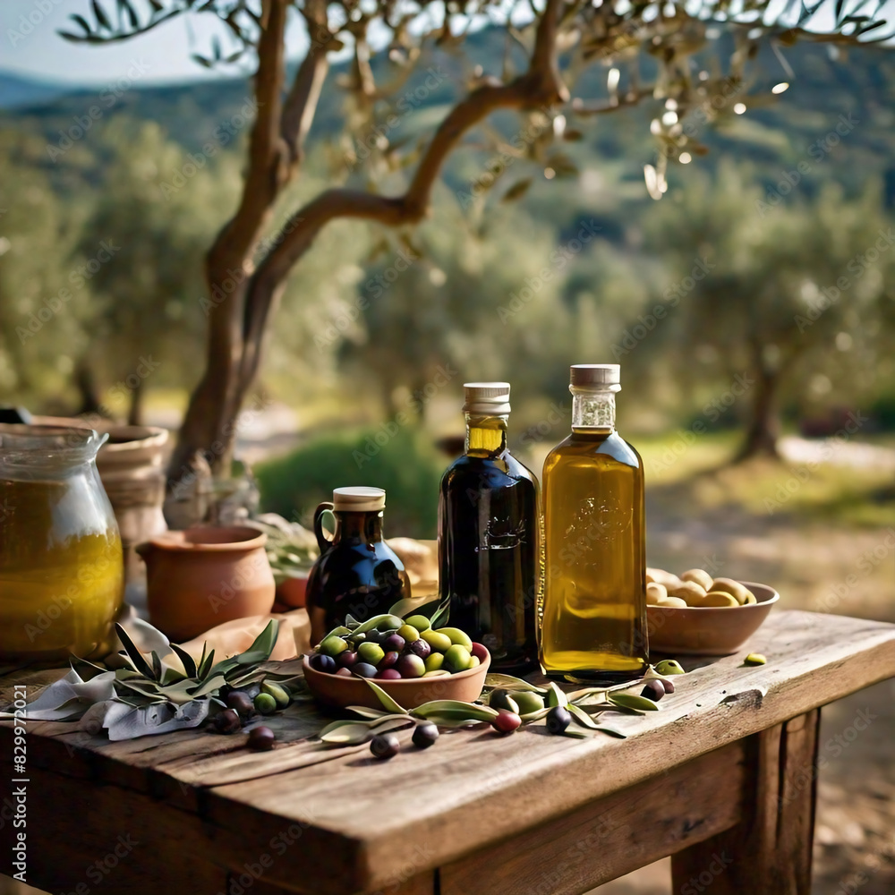 Olive oil and olives in bottles on a wooden table in olive grove Olive oil and olives in bottles on a wooden table in olive grove
