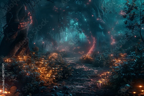 Enchanted Forest Path with Bioluminescent Plants and Fungi - Mystical Nature Night Scene for Wall Art  Posters  or Backgrounds
