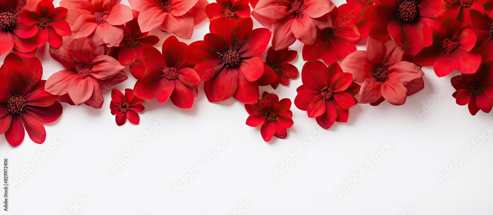 A pile of artificial red flowers arranged in a top down view for a textured background on a white surface Copy space image with a flat overhead perspective A pile of artificial red flowers arranged in a top down view for a textured background on a white surface Copy space image with a flat overhead perspective