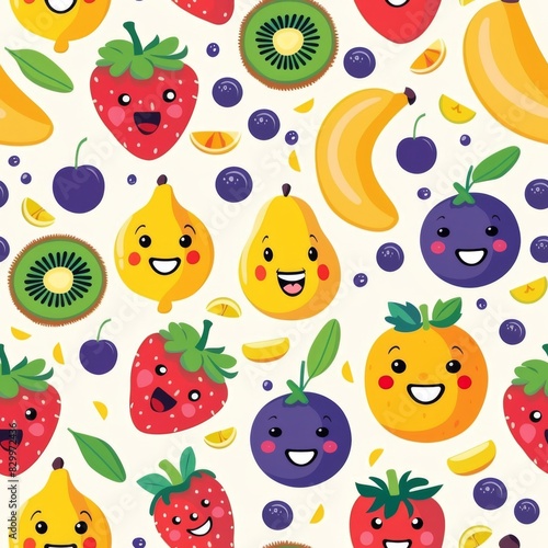 A cartoon fruit pattern with smiling faces on the fruits