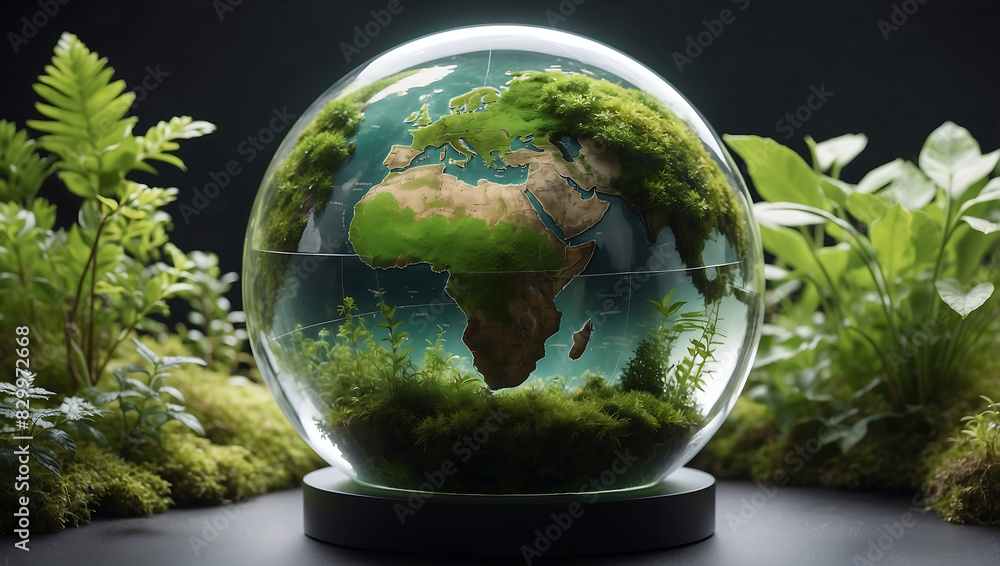 World environment day, Surrounding the globe are small plants and leaves extending outward, symbolizing nature and environmental growth against a dark blurred background World environment day, Surrounding the globe are small plants and leaves extending outward, symbolizing nature and environmental growth against a dark blurred background