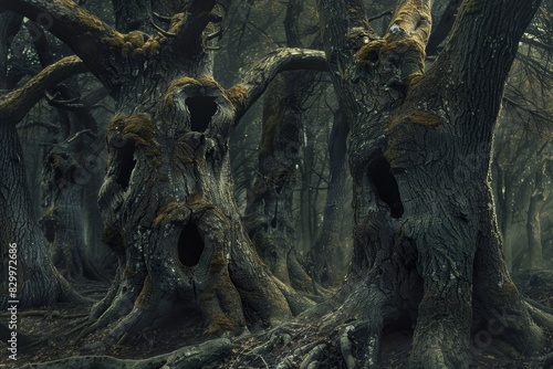 Nightmare-Inspired Decaying Forest with Screaming Tree Faces Perfect for Horror and Dark Fantasy Themes