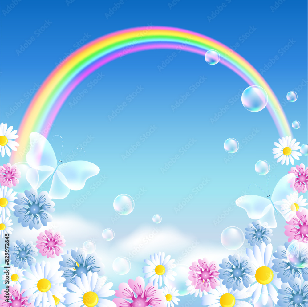 Rainbow with butterflies, bubbles and meadow flowers in the clouds sky. Summer background. Environmental concept.