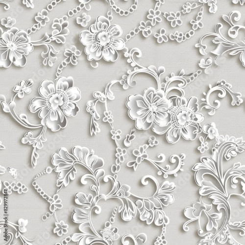 A white floral patterned background with a white flower in the center