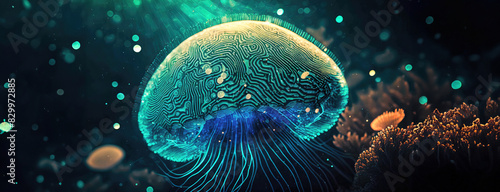 A glowing jellyfish with intricate patterns floating in dark  deep water surrounded by bubbles and coral. Panorama with copy space.