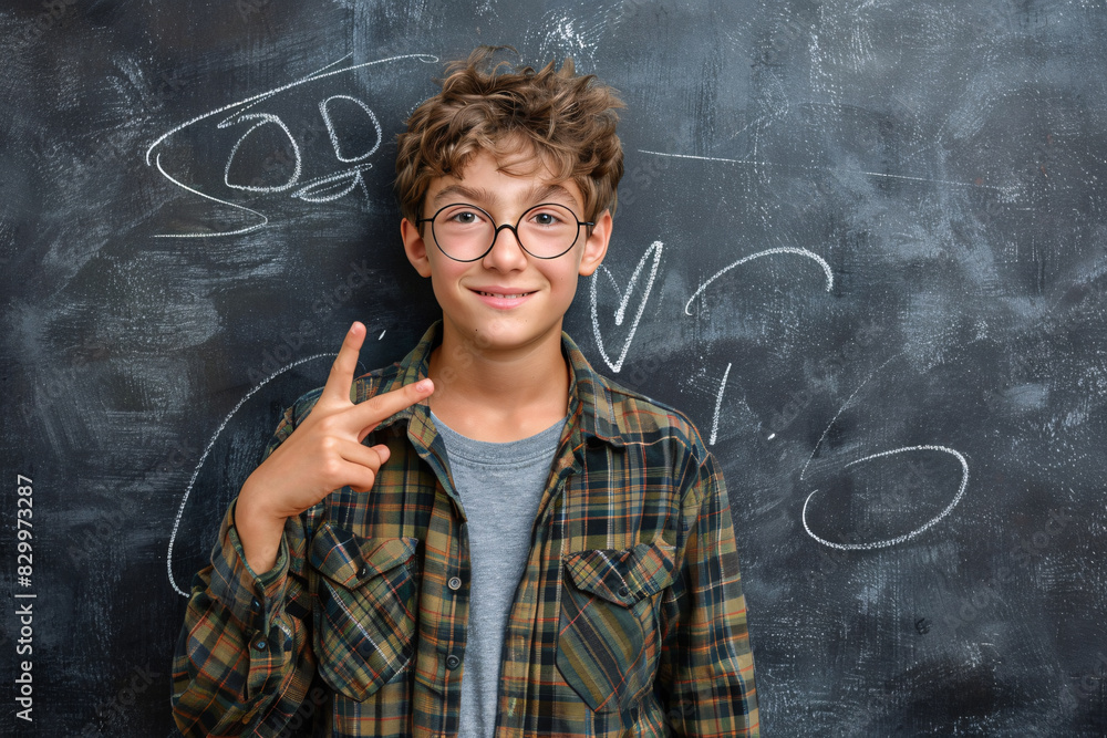cute teenage boy over black blackboard background with copy space cute teenage boy over black blackboard background with copy space