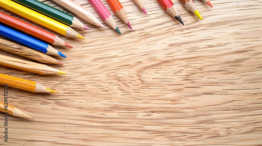 Vibrant colored pencils arranged on a wooden table, inviting creativity and inspiration Vibrant colored pencils arranged on a wooden table, inviting creativity and inspiration