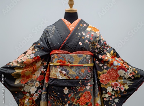 A kimono with a floral pattern and a red obi