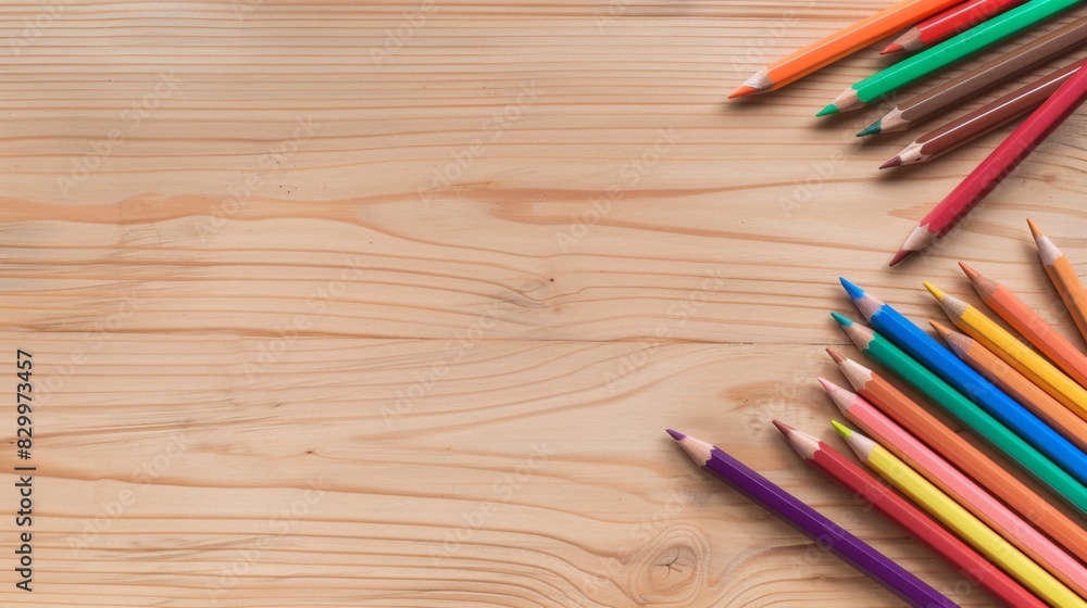 Vibrant colored pencils arranged on a wooden table, inviting creativity and inspiration Vibrant colored pencils arranged on a wooden table, inviting creativity and inspiration