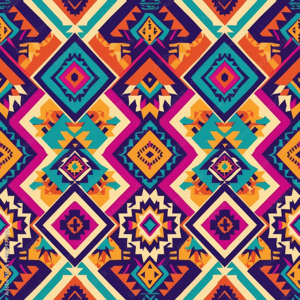 A colorful pattern of squares and triangles with a blue background