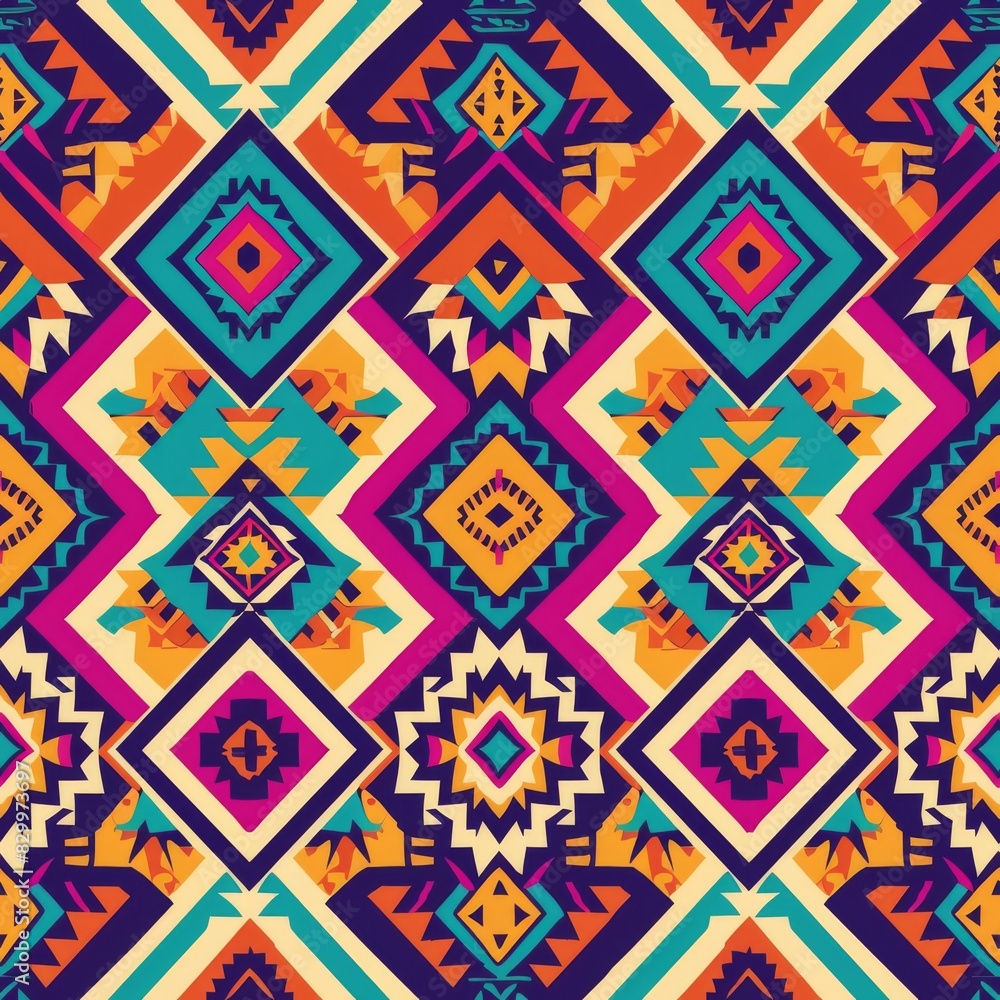 A colorful pattern of squares and triangles with a blue background A colorful pattern of squares and triangles with a blue background