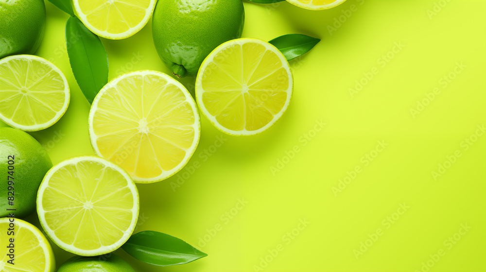 Lemon and Lime Slices with Leaves on Yellow Background Lemon and Lime Slices with Leaves on Yellow Background