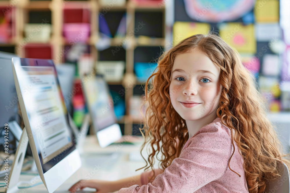 Cute teenage girl using computer in modern bright class