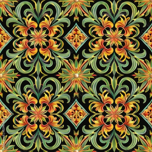 A black and green floral pattern with yellow flowers