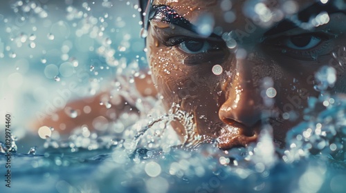 Intense Olympic Swimmer Close-Up During Stroke with Water Droplets - Sports Inspiration, Determination, Effort