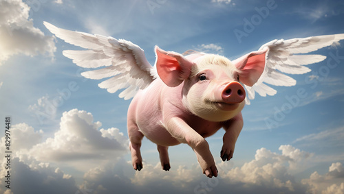 shows a pig with pink wings flying in a blue sky with white clouds.
