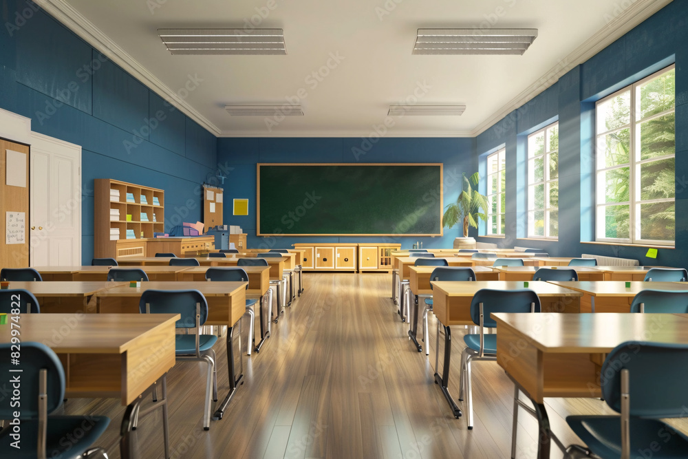 class room with tables, chairs, big windows and chalkkboard with copy space class room with tables, chairs, big windows and chalkkboard with copy space