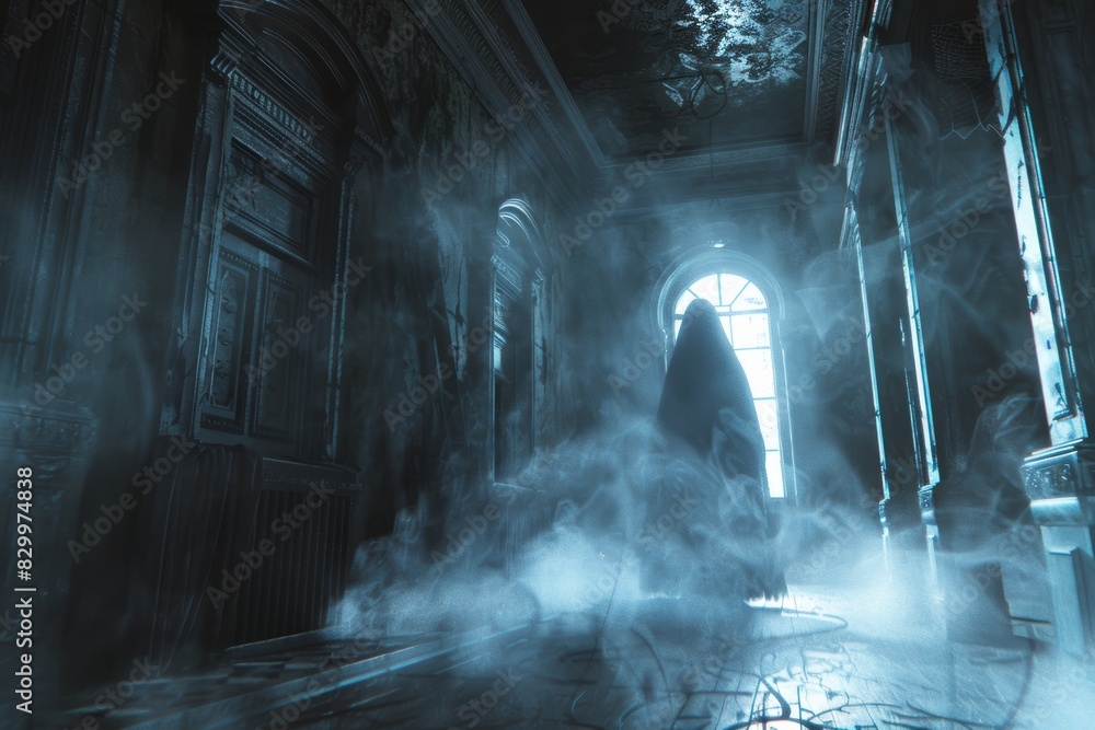 Eerie Victorian Mansion with Phantom in Mist for Horror Design and Halloween Posters Eerie Victorian Mansion with Phantom in Mist for Horror Design and Halloween Posters