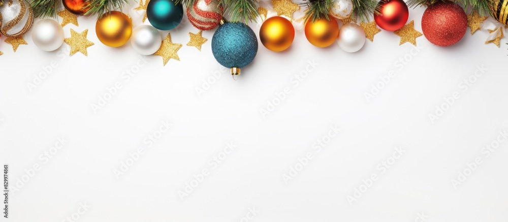 A festive Christmas background viewed from the top featuring a beautiful arrangement of colorful ball decorations gift boxes and white bells adorning a fir tree Set against a white background with am A festive Christmas background viewed from the top featuring a beautiful arrangement of colorful ball decorations gift boxes and white bells adorning a fir tree Set against a white background with am