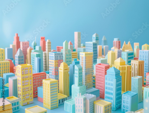 City model made of plasticine on pastel blue background.
