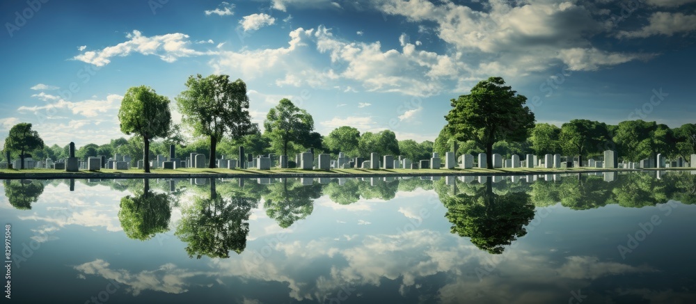 Obraz premium Cemetery monuments take form in a picturesque landscape providing a serene and tranquil space for reflection. with copy space image. Place for adding text or design