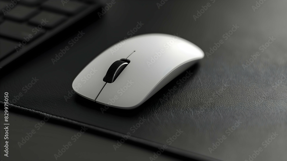 Sleek white computer mouse placed on a black leather surface. Minimalist and modern design perfect for a professional workspace Sleek white computer mouse placed on a black leather surface. Minimalist and modern design perfect for a professional workspace