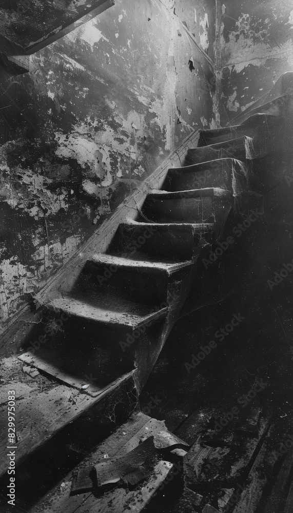 Obraz premium Decrepit Stairwell in Abandoned Building - Haunting Vertical Image for Horror or Halloween Designs