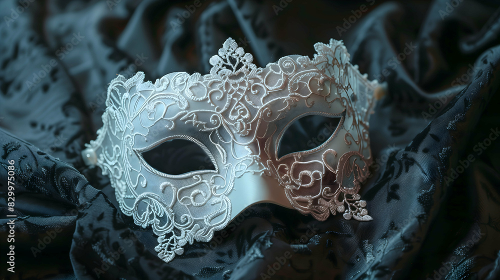 Elegant white masquerade mask adorned with intricate lace design, set against luxurious black fabric. Perfect for masquerade balls, costume parties, and elegant events