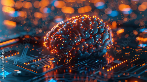human brain glowing data streams on circuit board background