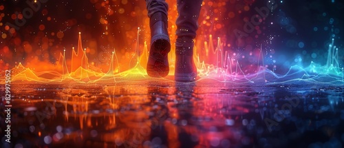 Legs presenting a holographic line graph with peaks, black setting, oil painting style photo