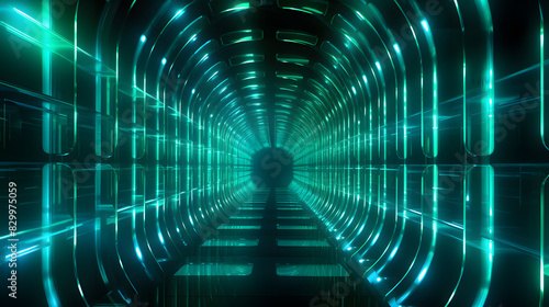 Fototapeta Naklejka Na Ścianę i Meble -  Digital green 3d tunnel geometric abstract graphics poster background