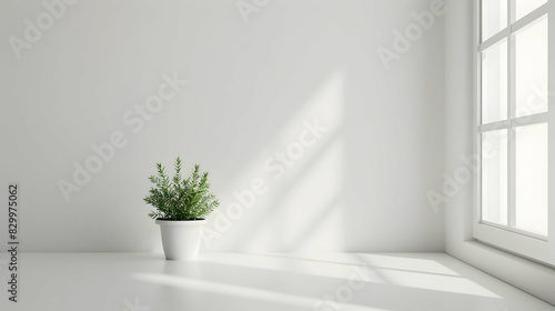 Minimalist interior featuring a green potted plant by a sunlit window. Clean design with white walls and abundant natural light, creating a serene and modern living space