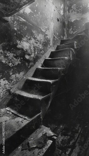 Decrepit Stairwell in Abandoned Building - Haunting Vertical Image for Horror or Halloween Designs