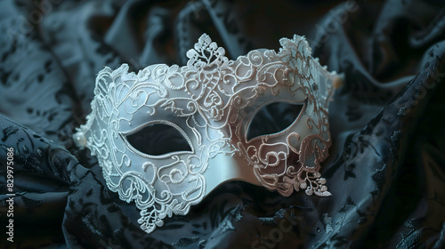 Obraz na płótnie Elegant white masquerade mask adorned with intricate lace design, set against luxurious black fabric. Perfect for masquerade balls, costume parties, and elegant events w salonie