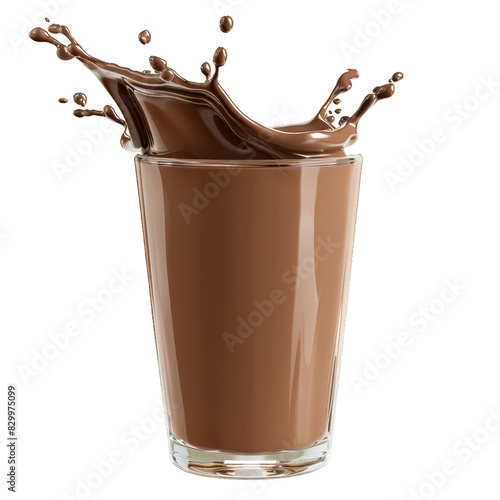 A splash of chocolate milk rises from a glass, isolated on a white background; PNG cutout with photo-realistic clipart detailing - Generative AI