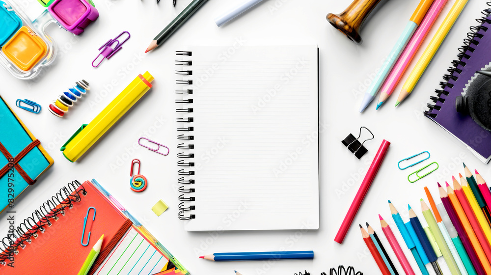 Assorted stationery and a blank spiral notebook on a white background. Assorted stationery and a blank spiral notebook on a white background.
