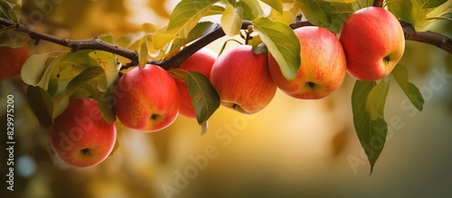 A copy space image of a handful of ripe apples hanging from a branch in the bountiful garden during the harvest season