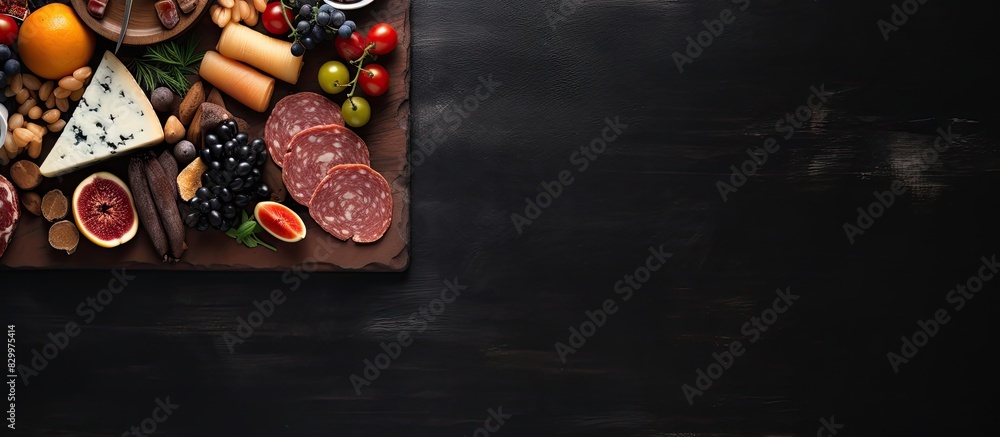 Top view of a dark background with a cheese fruit and meat board on it creating a visually appealing appetizers table with copy space Top view of a dark background with a cheese fruit and meat board on it creating a visually appealing appetizers table with copy space