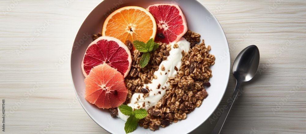 A nutritious breakfast option for the winter season includes a Greek yogurt bowl topped with flavorful chocolate gingerbread granola Accompanied by refreshing grapefruit this dish can be captured fro A nutritious breakfast option for the winter season includes a Greek yogurt bowl topped with flavorful chocolate gingerbread granola Accompanied by refreshing grapefruit this dish can be captured fro