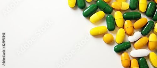 Close up image of green and yellow medication pills or capsules prescribed and used for treatment with a white background and space for adding text These pharmaceutical drugs are stored in a containe photo