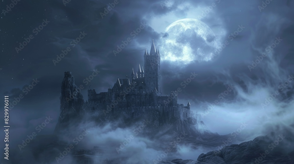 Panoramic View of a Moonlit Castle Ruin in Eerie Fog - Perfect for Nightmare Scenarios and Gothic Designs