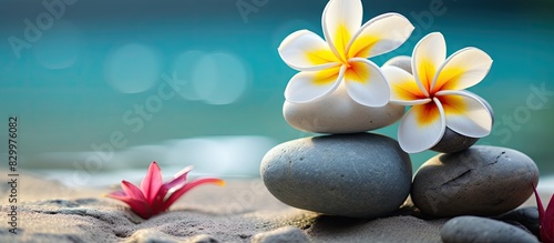 Frangipani flowers placed on a stack of stones create an eye catching display. with copy space image. Place for adding text or design
