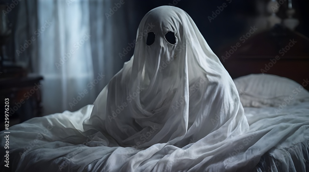 Ghost bed cloth halloween costume illustration. Generative AI Ghost bed cloth halloween costume illustration. Generative AI